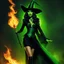 Placeholder: Elphaba is a graceful witch, in her agent provocateur and her high boots, her green skin plays with flames