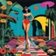Placeholder: [colour collage art by Helmut newton and David Hockney] a retro-futuristic world where nightmares and false realities intertwine, bathed in the psychedelic hues of flower power and trippy colors. In this dark sci-fi realm, macabre visions dance with hippie aesthetics, blending the mystique of tarot with the allure of pin-up girls in a mesmerizing display of contrasts.