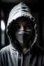 Placeholder: A teenage girl in a gray hoodie with a gray hood on her head wears a white mask over the whole face,the mask covers the whole face of the girl and a black smile is written on the mask