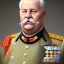 Placeholder: An obese elderly general in military attire. He's balding, has a cigar in his mouth, and has wrinkles. He has a thick moustache and large glasses