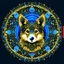 Placeholder: Blue and gold circle logo of a cute corgi dog made of gold circuit board traces, fingerprint and neural network superimposed behind