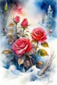 Placeholder: magic Winter landscape, blooming roses in the snow. Jean-Baptiste Monge style, watercolor, ink. Picturesque and colorful. Bright colors of the ring exquisitely luxury chic aesthetics photo harmony professional photo 64K pixel graphics high detail bright lighting