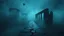 Placeholder: passage over nothingness, surreal, dark and cold abstract artwork dominated by deep blue, icy cyan, charcoal black and muted steel-grey tones. An narrow passageway emerges from an abstract distorted weird landscape, surrounded by thick fog and drifting mist. The space feels nightmare, alien and unsettling, with floating circle and line geometric forms, black onix column architectural fragmented and unnatural perspectives. At the center of the composition cracked stone way over abyss