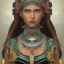 Placeholder: war painted pueblo Indian female,detailed eyes, blue eyes,, disturbed expression.intricate detaile,thnically accurate face, intricate head dress,detailed turquoise jewelry, detailed hair, detailed feathers, use dynamic palette, accurate proportions, high contrast black smokey bokeh background.studio ghibli,andrea bonelli, korra character, style.