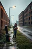Placeholder: a very disappointed member with guitar case of a hard rock band who has been kicked out of a rehearsal space in Sweden, old factories style with bricks, deserted place overgrown plants and grass, he stands outside in the rain and cries, street lamps shining, raindrops, wind, empty roads and cycle paths next to it