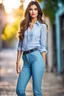 Placeholder: the genre is modern, a beautiful woman model and actress, long hair, bright eyes perfect facial features,wearing pants and pretty shirt, a very beautiful favorite, a full body, he stands tall, background bokeh