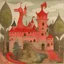 Placeholder: A pale red woodland castle with a dragon designed in cave paintings painted by Paul Klee