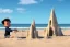 Placeholder: Toddler elon musk building a tall rocketship sand castle on the beach