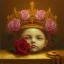 Placeholder: a dreamy yet sorrowful oil painting of a detailed golden crown next to a red rose on a bench in a flower garden