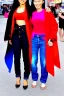 Placeholder: baggy jeans. Fashion colors 2023. Scarlett Johansson and Asa Akira, shimmer. Blocks of fashion colors in the background of the image. Cool fashion outfit for the year 2023