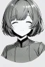 Placeholder: short hair girl, closed eyes, close-up, greyscale