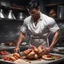 Placeholder: Hyper realistic very handsome shirtless muscular short black hair male chef cutting chicken in a dark kitchen