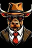 Placeholder: Big wild muscular bull in hat , tie and sunglasses