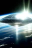Placeholder: Ufo en pure lumière blanche divine éblouissante, au dessus de la planète terre, en forme de losange à plusieurs facettes etincelantes, diamant, divin