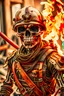 Placeholder: a scary looking skeleton, rising from the ashes, he was a war veteran, partially humanlike characteristics, army beret and ripped ammo wear, chaotic background, dramatic close-up action shot of him on a burned out war tanker a torpedo on shoulder -ready to fire ,gothic and chaotic background, 12k