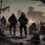 Placeholder: Futuristic soldier in ballistic black mask, black hood, black damaged armour walking around dead corpses of other soldiers with massive Futuristic sawv0.2