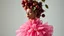 Placeholder: High fashion photography of a model in a Tim Walker and Alexander McQueen style pink plum dress, studio lighting, large-scale headdress with many fruits, wide shot, highly detailed, hyperrealistic, cinematic photography - ar 9:16. High fashion photo shoot of a model in a Tim Walker style pink plum dress, intricate headdress made of conceptual plum fruit sculptures