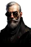 Placeholder: saint gunman with round sunglasses and a black coat and a gray beard balding with a scar across the right eye in the wild west, grimdark realistic