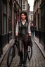 Placeholder: full-height portrait of a woman with straight shoulder-length black hair, with metal arms and legs, dressed in leather trousers, and a waistcoat, in a Victorian street next to a steampunk bike