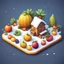 Placeholder: create a plate fruits into cartoonist hut style model isometric view for mobile game bright colors render game style snow style