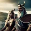 Placeholder: Viking theme, a younger woman sitting next to a 50-year-old man, portrait, 8K, close-up face, anatomically perfect face, Highly detailed stunning full frame portrait, misty and cloudy atmosphere