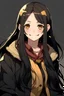 Placeholder: anime character, white female with long black hair, 17 years old, devilish smile, blushing cheeks, black flanel coat, gold trinket