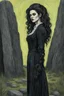 Placeholder: create a 3/4 profile full body oil pastel of a dark haired, , raggedly dressed, savage gothpunk vampire girl with highly detailed , sharply defined hair and facial features , in a dark circle of standing stones , in the style of JEAN-FRANCOIS MILLET and MARY CASSATT