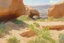 Placeholder: Sunny day, rocks, big rocks, vegetations, distant mountains, sci-fi, anton romako, and ferdinand hodler paintings