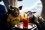 Placeholder: Realistic Grainy vintage analogue glitchy photograph of a contented sow wearing yellow tinted sniper shades and Hawiian shirt sitting next to a sheep with a hoodie reclining on a plane window seat, a Bloody Mary drink with a celery stick garnish sits on seat tray, cloudy skies, faded color old photo, low contrast, vignette, bokeh, heavy film grain and static, absurd