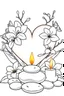 Placeholder: outline art for visually rich appealing heart in orchids plumeria rounded stones candles, ikebana style, coloring page for kids, white background, fit to page, only use outline, clean line art, no shadows, clear and well outlined