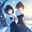 Placeholder: Clear focus, high resolution, Mihoyo Studio, Short crossed bangs, medium length back hair, snow in the background, small breast, black sparkling eyes