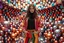 Placeholder: beautiful full body with todays modern clothing lady in surreal stage made of fractal random size spheres with helical strip colors in clothing similar to environment full body posing to camera,animating background metallic random color cubes