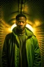 Placeholder: a man in a jacket standing in a tunnel, in the style of portraits with soft lighting, harlem renaissance, jagged edges, uhd image, drugcore, portraitist extraordinaire