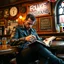 Placeholder: A very angry and bitter punk rocker sitting on a pub looking very angry, writing in his notebook new songs for his punk rocker band, a sign wit "FOLKE IN BACKGROUND