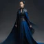 Placeholder: She stands tall, her figure draped in the traditional black robes of the Bene Gesserit. But there's something more, something unique about her attire. A glistening blue sash adorns her waist, a stark contrast against the dark fabric. It catches the eye, drawing attention to the precious resource it represents. As she moves, the sash shimmers and dances, reflecting the light like a tranquil oasis amidst the barrenness. It is a visual representation of her ability to transform scarcity into abunda