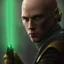 Placeholder: star wars bald male corellian jedi pilot wearing black and olive drab old republic armored flightsuit with gold trim inside the jedi temple holding a lightsaber with viridian green blade in left hand, centered head and shoulders portrait, hyperdetailed, dynamic lighting, hyperdetailed background, 8k resolution, volumetric lighting, light skin, fully symmetric details