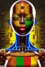 Placeholder: african portrait in rusted clocks, clock on face, rust, scaffolding, ghana colours, cyberpunk, high detail