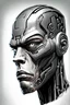Placeholder: face of cyborg seen from the side in 3d with bad expression drawn style