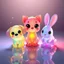 Placeholder: Adorable colored translucent 3D trio — a small dog, a cat, and a rabbit — in cute chibi proportions, made of glowing jelly-like glass material, soft pastel and neon color gradients, big expressive eyes, sparkles and light particles floating around them. Playful studio lighting, soft shadows on a reflective surface, Pixar-style render, cinema 4D, redshift, ultra-detailed, 4k.