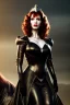 Placeholder: christina hendricks as evil queen in black leather gown on a horse, angry, stern look, volumetric lighting, particales,highly detailed,cinematic, deep colours,8