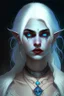 Placeholder: hauntingly beautiful character for dnd, young vampire woman with white hair and blue eyes, angel, with moon necklace, lips slightly parted showing fangs