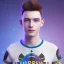 Placeholder: full body photo of smiling feminine pretty 19 year old boy wearing a star wars shirt, with rainbow glitter eye make-up, flat chest, pronounced adam's apples, short and long pink hair, no body hair, no tattoos, lgbt, transgender, highly detailed, photo realistic, plain background, still shot, photo realism, full body photo, 8k high resolution, high detail, --ar 2:3 --v 4