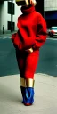 Placeholder: Asian, modern, beautiful woman, street, thick thigh, thick calves. Style futurism, 1996, daft punk, rough street style, Gamjan style.Mantle is sewed of recycled Denim and sewed together red felt pieces.Big headphones, with gold rings, is merged with small felt cap with small visor. A bag is integrated to the mantle. Big camouflage Patterns are composed of orange, cream, blue, lilac and purple. blue latex. asa akira. It is with big bright purple felt tippet and cream-colored-hood. tippet