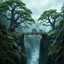 Placeholder: 1 massive squat wooden bridge connects the over two gorge, between two tall rocky shores, sprawling, tall alien trees on both shores, log wooden houses in the distance in the background, rainy landscape, lush vegetation, massive trees,, high detailed, fantasy, cinematic