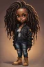 Placeholder: create a EXPRESSIVE OIL PAINTING image of a curvy size chibi dark skinned Black female wearing a black jean outfit with timberland boots. Prominent make up with brown eyes and lush lashes. Highly detailed dread locs