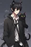 Placeholder: A male anime man with messy black hair, large black cat ears and tail