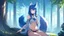 Placeholder: Girl look like wolf, wolf paws on hand , animal paws, wolf ears, wolf tail,blue hair, open navel, one house, forest, collar on neck,sit.