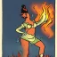 Placeholder: a busty female folk hero dancing by a bonfire