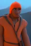 Placeholder: 3D render of a cyberpunk tribal teen black man, black hair, hooded, on a bright orange dune background, digital art