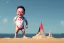 Placeholder: Elon musk as a baby building a Very tall rocket-shaped sandcastle on the beach. He is wearing a polkadot swimsuit